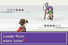 Inicio del combate contra el líder Antón en el Gimnasio de Azalea Town